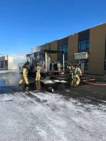 A spray foam truck catches fire on the Rapids Pkwy - Jan 17/24 (Photo courtesy of Sarnia Fire and Rescue)