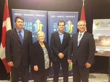 From left to right - BioAmber VP Mike Hartmann, MP Pat Davidson, BioAmber President and CEO Jean-Francois Huc, Minister of State Gary Goodyear