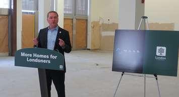 Mayor Josh Morgan announcing the conversation of 166 Dundas St. into rental apartments, May 23, 2024. (Photo by Craig Needles, Blackburn Media)