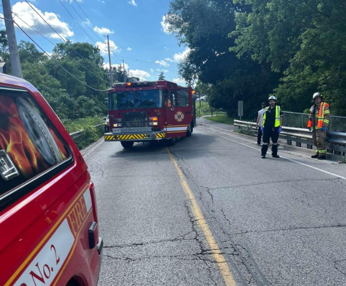 Emergency crews on scene of a collision on Hamilton Road that left a 12-year-old with minor injuries, June 27, 2024. Photo provided by the London Fire Department.