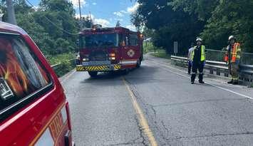 Emergency crews on scene of a collision on Hamilton Road that left a 12-year-old with minor injuries, June 27, 2024. Photo provided by the London Fire Department.