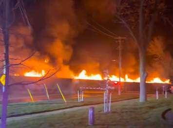 A train with five railcars on fire stopped on the tracks on Waterloo at Pall Mall streets, April 21, 2024. Photo courtesy of the London Fire Department.