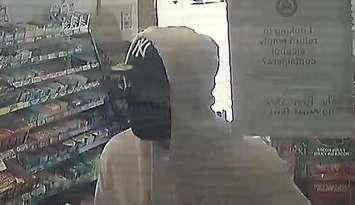 Surveillance camera image of a man suspected in an armed robbery in Sarnia on April 25, 2025. Image provided by Sarnia police.