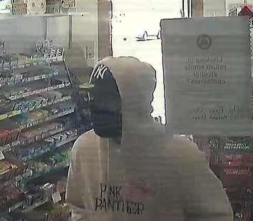 Surveillance camera image of a man suspected in an armed robbery in Sarnia on April 25, 2025. Image provided by Sarnia police.