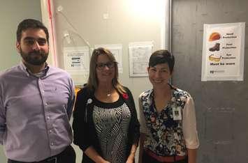 From left to right: Medical Director of Diagnostic Imaging Dr. Youssef Almalki, Director of Diagnostic Imaging Diane Cadieux and Bluewater Health Foundation Executive Director Kathy Alexander stand in front of the entrance to the hospital's CT suite, currently under renovation. November 2, 2016 BlackburnNews.com photo by Melanie Irwin.