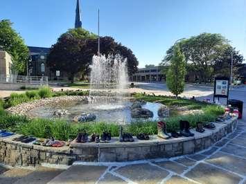 A circle of shoes placed around Sarnia City Hall fountain, in honour of 215 residential school victims discovered in B.C. Photo courtesy of Mayor Mike Bradley, via twitter.