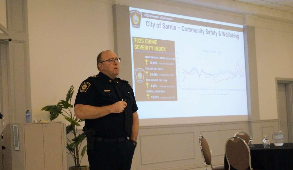 Sarnia Police Chief Derek Davis speaks to Sarnia Lambton Chamber of Commerce members at the Dante Club. February 11, 2025. (Photo by Natalia Vega)