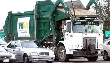 A typical Waste Management, Inc. front loader garbage truck with White body and Volvo chassis (Volvo WX). Photographed in San Jose, California by (en)user Coolcaesar on December 26, 2005. (Photo via Wikipedia)

