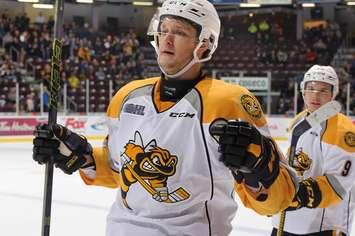 Nikita Korostelev scores a hat trick in Sarnia's 7-4 win over Ottawa. (Photo by Metcalfe Photography)