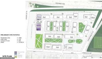 Site plan for the former Holmes Foundry site in Point Edward. November 19, 2024. (Concept design presented during virtual open house hosted by South Coast Developments and Zelinka Priamo Ltd.)