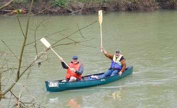 SCRCA Chair Pat Brown and Director Emery Huska cross the finish line at the 2024 Sydenham River Canoe and Kayak Race. (Photo courtesy of the St. Clair Region Conservation Authority)