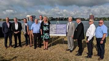 (From left to right) Sarnia CAO Chris Carter, Mayor Mike Bradley, Jason McMichael, MPP Monte McNaughton, MPP Bob Bailey, Stephen Thompson, MP Marilyn Gladu, Marc Garneau, Mayor Steve Arnold, Rick Perdeaux and Mayor Bill Weber at the Oversized Load Corridor Project funding announcement. August 7, 2019. (BlackburnNews photo by Josh Boyce)