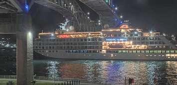 The Hanseatic Inspiration on the St. Clair River under the Blue Water Bridge. 22 May 2023. (Photo from the Port Huron StreamTime LIVE camera)