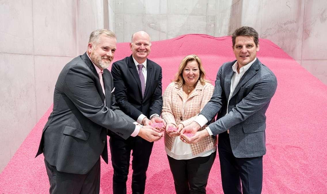 CRF Agritech General Manager Mike Pastir, Pursell Chief Financial Officer Joe Brady, Ontario Agriculture Minister Lisa Thompson, and Sollio Agriculture CEO Casper Kaastra at the CRF Agritech plant in St. Thomas, September 18, 2023. Photo by Oscar LaVerde Photography.