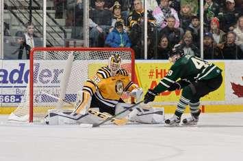 Max Jones scores the OT winner as London beats Sarnia 5-4. (Photo courtesy of Metcalfe Photography)