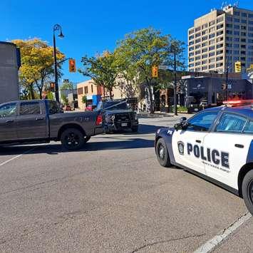 A vehicle struck a pedestrian at Christina St. and George St. - Oct. 9/24 (Photo courtesy of Sarnia Police Service via X)