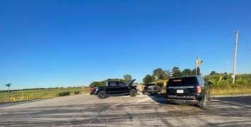 Two-vehicle collision at the intersection of Churchill Line and Mandaumin Road. September 8, 2025. (Photo courtesy of Lambton OPP)