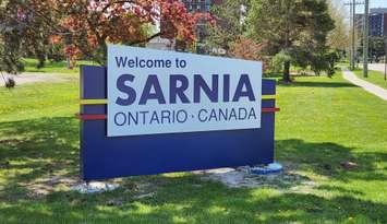 Welcome to Sarnia sign at Front St. and Exmouth St. (Sarnia News Today photo by Josh Boyce)