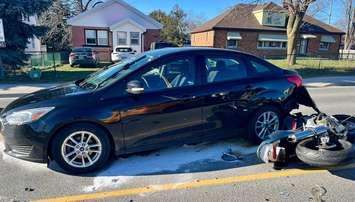 A collision between a vehicle and motorcycle on Oxford Street East and Wethered Street, April 6, 2024. Photo courtesy of the London Fire Department.