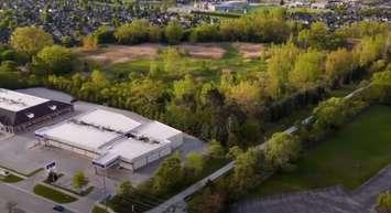 Vacant land identified for the Bluewater Active Connected Community Complex off Michigan Avenue. Image captured from Sarnia council presentation. May 26, 2025.