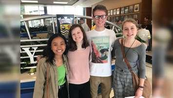 Sarnia St. Patrick's High School students (left to right) Isabela Gorgonio, Katire pitcher, Charlie McAllister and Madelaine Boucher gather outside Sarnia council chambers after council voted to declare a climate emergency. June 17, 2019 Photo by Melanie Irwin