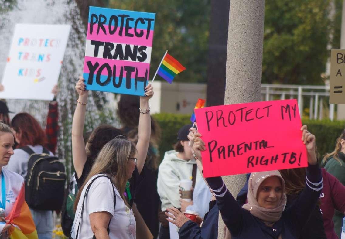 Protestors and counter protestors at the '1 Million March for Children' protest outside Sarnia City Hall. 20 September 2023. (Photo by SarniaNewsToday.ca)