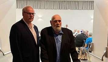 Mayor Gary Atkinson and former Mayor Lonny Napper below the newly hung ‘Napper Hall’ sign. Photo courtesy of Town of Plympton-Wyoming. 