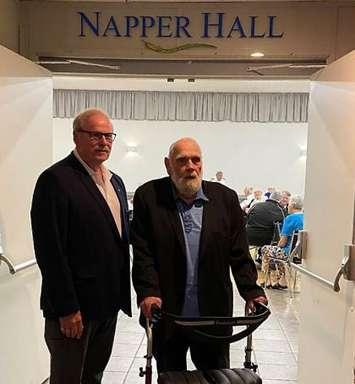 Mayor Gary Atkinson and former Mayor Lonny Napper below the newly hung ‘Napper Hall’ sign. Photo courtesy of Town of Plympton-Wyoming. 