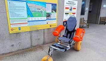 An amphibious wheelchair offered to people at Grand Bend's Blue Flag Beach. Image courtesy of Lambton Shores Facebook. May, 2025.