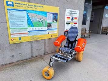 An amphibious wheelchair offered to people at Grand Bend's Blue Flag Beach. Image courtesy of Lambton Shores Facebook. May, 2025.