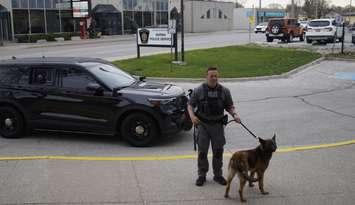 New SPS canine Vader and handler Cst. Shawn Urban. April 23, 2024. (Photo by Natalia Vega)