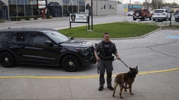 New SPS canine Vader and handler Cst. Shawn Urban. April 23, 2024. (Photo by Natalia Vega)