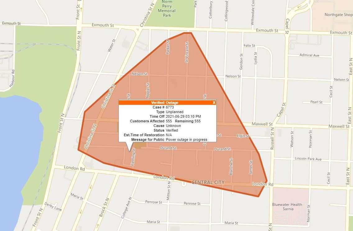 Bluewater Power outage June 29, 2021 Image courtesy of outage map.