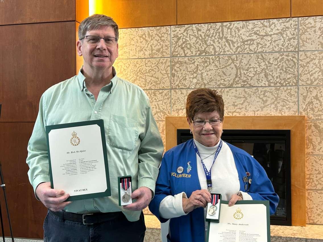 Sarnia volunteers Rick McAlpine and Mary Anderson receive King Charles III Coronation Medals. February 27, 2025 at Bluewater Health. Blackburn Media photo by Lindsay Newman.