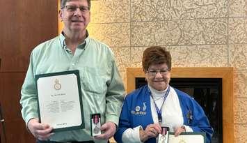 Sarnia volunteers Rick McAlpine and Mary Anderson receive King Charles III Coronation Medals. February 27, 2025 at Bluewater Health. Blackburn Media photo by Lindsay Newman.