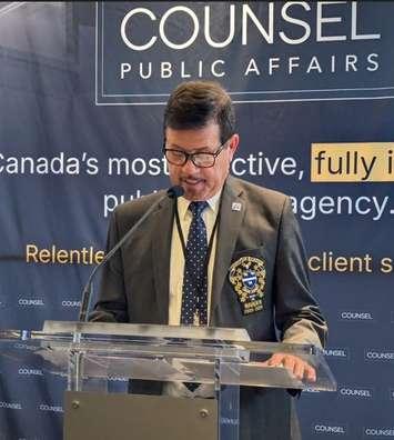 Lambton County Warden Kevin Marriott at the Counsel Public Affairs reception AMO. Photo courtesy of Western Ontario Wardens Caucus via Facebook.
