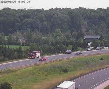 Emergency vehicles on Hwy. 402 Westbound after a motorcycle crash (Photo courtesy of Ontario 511 Traffic Cameras)