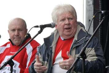 Pat Stapleton with son Mike recalls the epic 1972 Summit Series with Russia during Hometown Hockey in Sarnia Dec. 20, 2015 (BlackburnNews.com photo by Dave Dentinger)