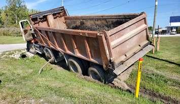 A dump truck crashed on Scott Road - Sept. 10/24 (Photo courtesy of Sarnia Police Service)