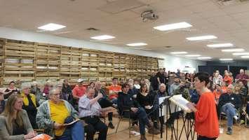 NDP candidate Kathy Alexander speaks to a crowd in Sarnia during a nomination meeting. April 17, 2018. (Photo by Colin Gowdy)