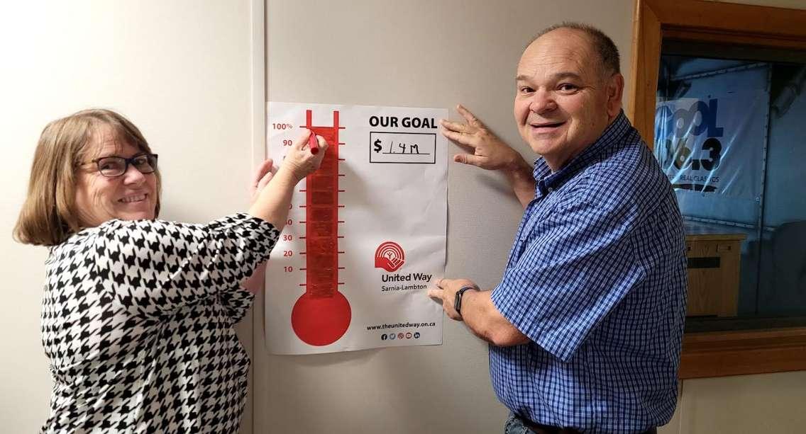 United Way of Sarnia-Lambton Campaign Chair Vicky Ducharme (L) and Executive Director Dave Brown (R) mark the completion of the 2023 campaign goal (Sarnia News Today photo by Stephanie Chaves)