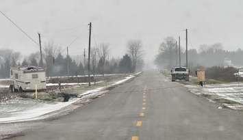 A camping trailer takes out a hydro pole on Rokeby Line - Dec. 7/24 (Photo courtesy of Lambton OPP)