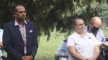 Kettle & Stony Point First Nation Chief Jason Henry at a provincial funding announcement in Watford. 14 August 2020. (BlackburnNews.com photo by Colin Gowdy)