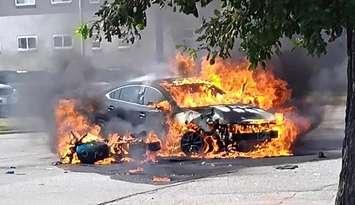 A fiery crash at the Indian Road and Talfourd Street intersection - Aug 8/25 (Photo courtesy of Sarnia Fire Rescue via Facebook)