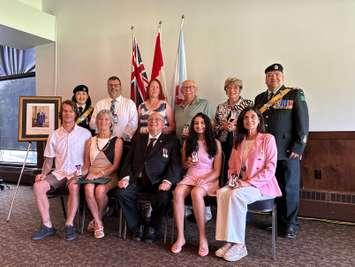 Recipients of the King Charles III Coronation Medals. First row (left to right): John Dawson Jr., Tracy Dawson (on behalf of John Dawson), MPP Bob Bailey, Raveena Duggal, Debb Pitel. Second row: Master of Ceremonies Hon. Col. Tania Lee, Nick Salaris, Judy Krall, Doug Krall, Marilyn Gifford,1st Hussars Regimental Sgt. Maj. Scott Elliott. July 14, 2025. (Photo courtesy of Bob Bailey's office)