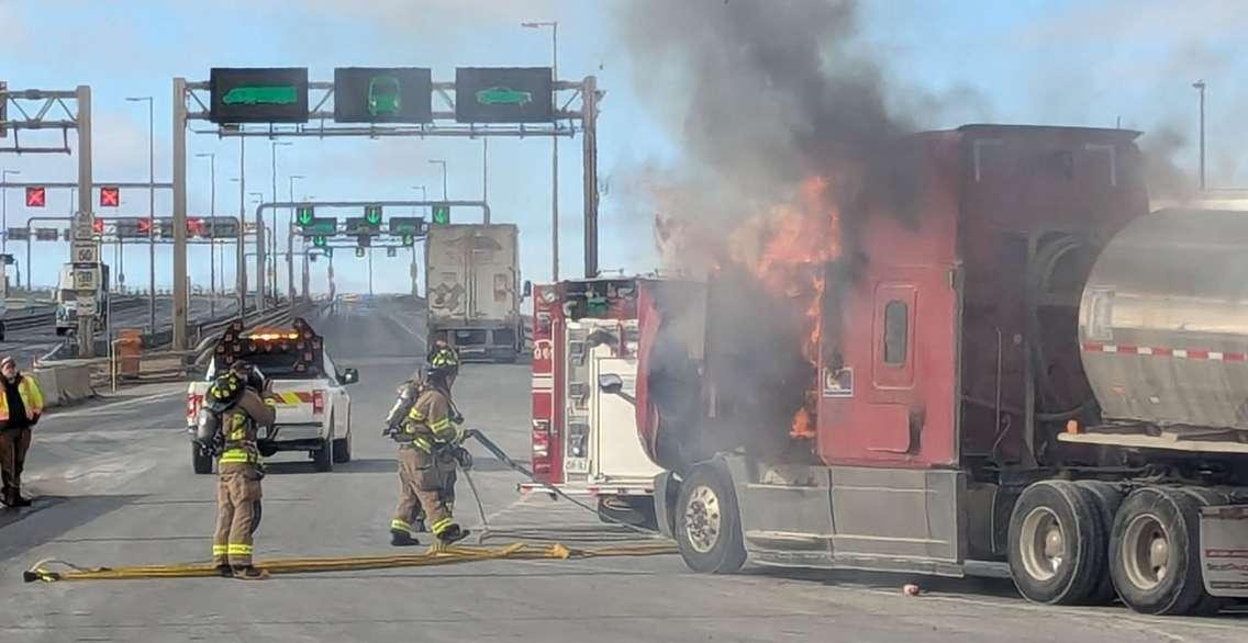 A transport truck fire is extinguished at the Blue Water Bridge - Feb. 4/25 (Photo courtesy of Point Edward Fire and Rescue via Facebook)