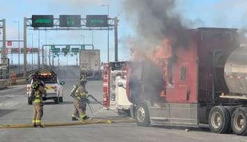 A transport truck fire is extinguished at the Blue Water Bridge - Feb. 4/25 (Photo courtesy of Point Edward Fire and Rescue via Facebook)