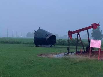 A large oil tank that exploded in St. Clair Township.  28 June 2021.  (Photo by St. Clair Twp. Fire)