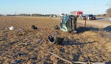 A vehicle involved in a rollover crash in a field off Road 164 near Line 55 in West Perth, March 21, 2025. Photo provided by Perth OPP