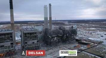 Lambton Generation Station Implosion.  12 February 2022.  (Screenshot of video by Ontario Power Generation)